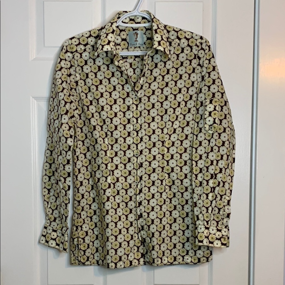 Papo d’Anjo Yellow Brown Floral Button Down Shirt Statement Sleeves Retro
